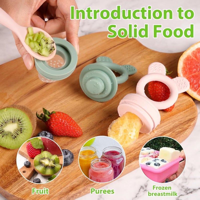 BESSENTIALS Bunny Baby Fresh Fruit Food Feeder - 2 Pack Silicone Mesh Feeders for Infant Safe Self Feeding |3 Sizes Food Pouches Included| Suitable for Baby 4m+ (Light Pink & Grass Green) - Image 3